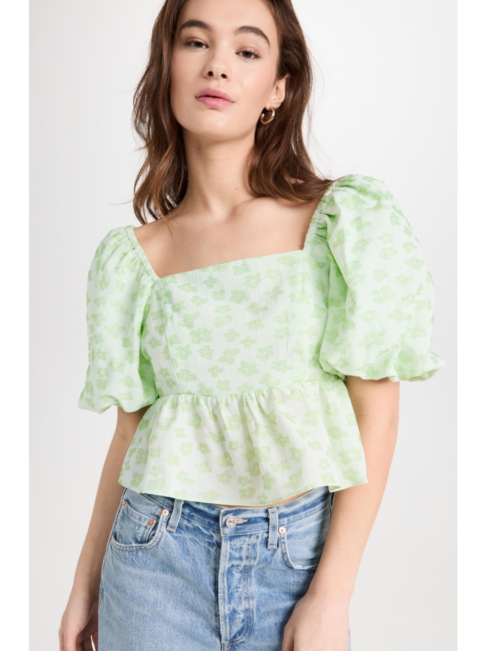 English Factory Green Floral Puff Sleeve Peplum Top Size Small